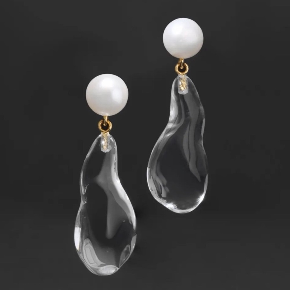 Alexis Bittar Clear Glass Teardrop Drop Earrings with White Pearl Posts